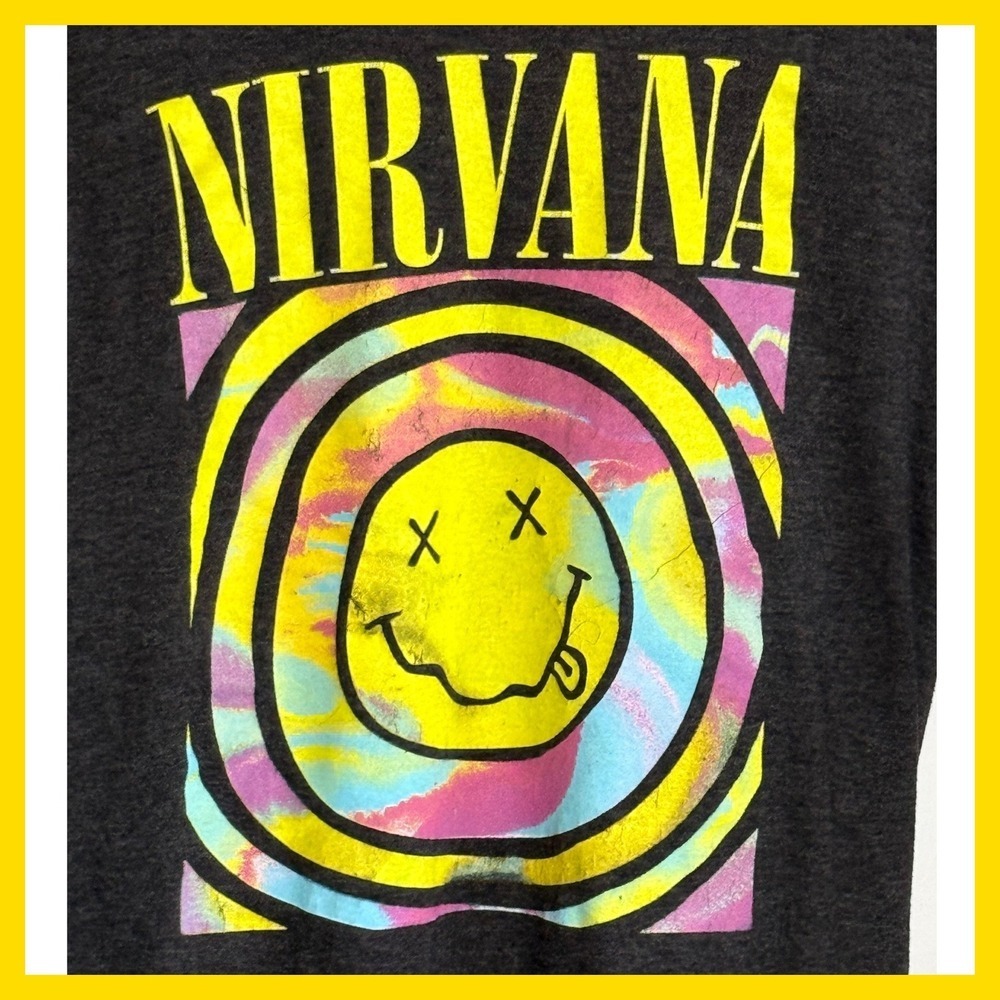 Nirvana Smiley Face Graphic T-Shirt Mens Large Charcoal Gray Rock Band Tee L - Picture 2 of 4
